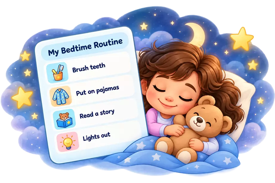 Example bedtime routine with illustrated steps next to a sleeping child